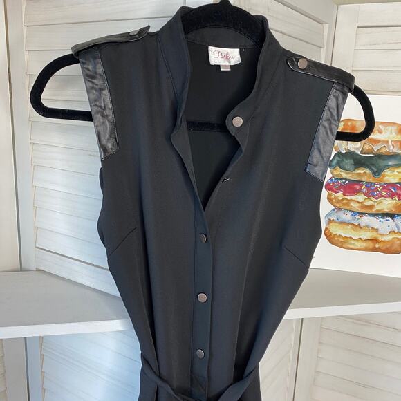 Parker genuine leather trim black shirt dress - Picture 4 of 10